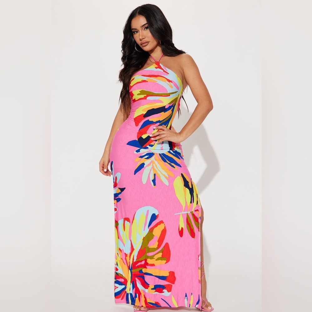 Tropical Pink Halter Maxi Dress